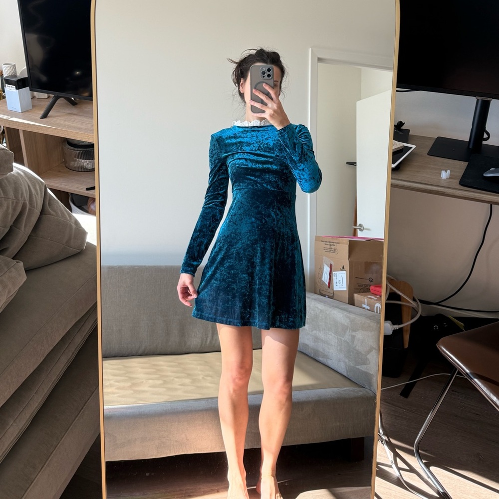 Maje Velvet Long Sleeve Blue Dress
